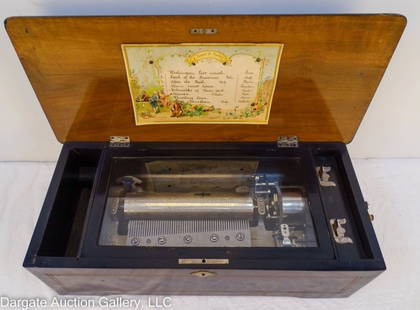 19th C SWISS CYLINDER MUSIC BOX 8 TUNE CARD 310: 19th Century Swiss Cylinder Music Box 8-Tune Card 310 - Patented 1894; Serial# 104007; Songs: Washington Post March, Revel of the Brownies, Afte the Ball, Home Sweet Home, Sidewalks of New York, Carme
