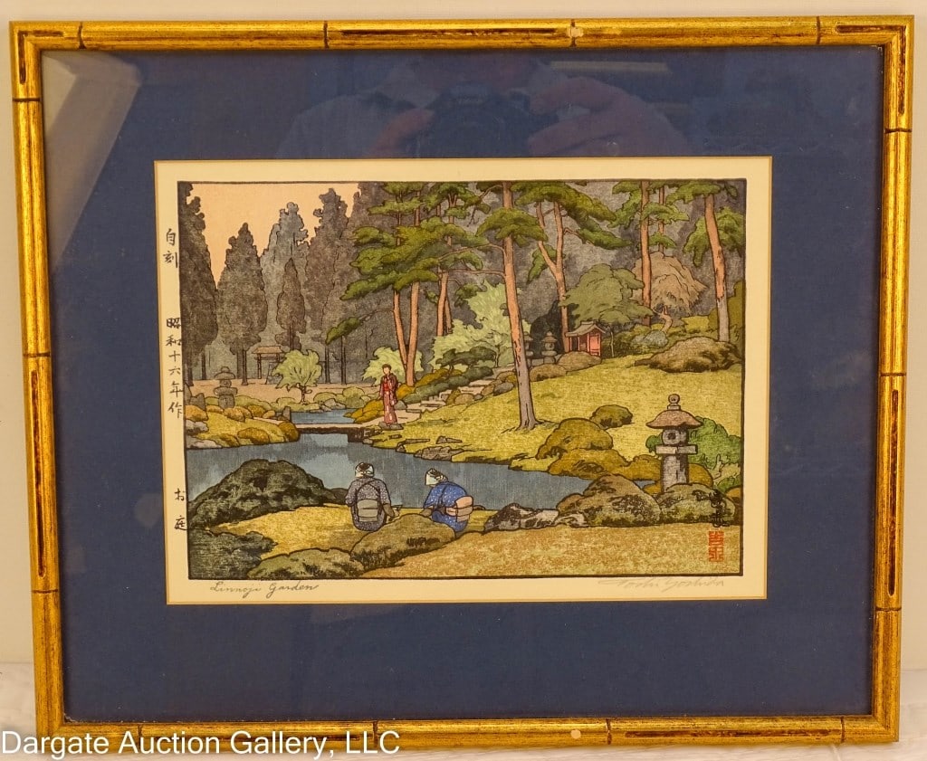 YOSHINO TOSHI 1941 LINNOJI GARDEN WOODBLOCK: Yoshino Toshi (Japan, 1911-1995) 1941 Linnoji Garden Woodblock - Artist seal and signature lower right, Titled along the left hand margin. Pencil signed lower right and totaled lower left / set under 