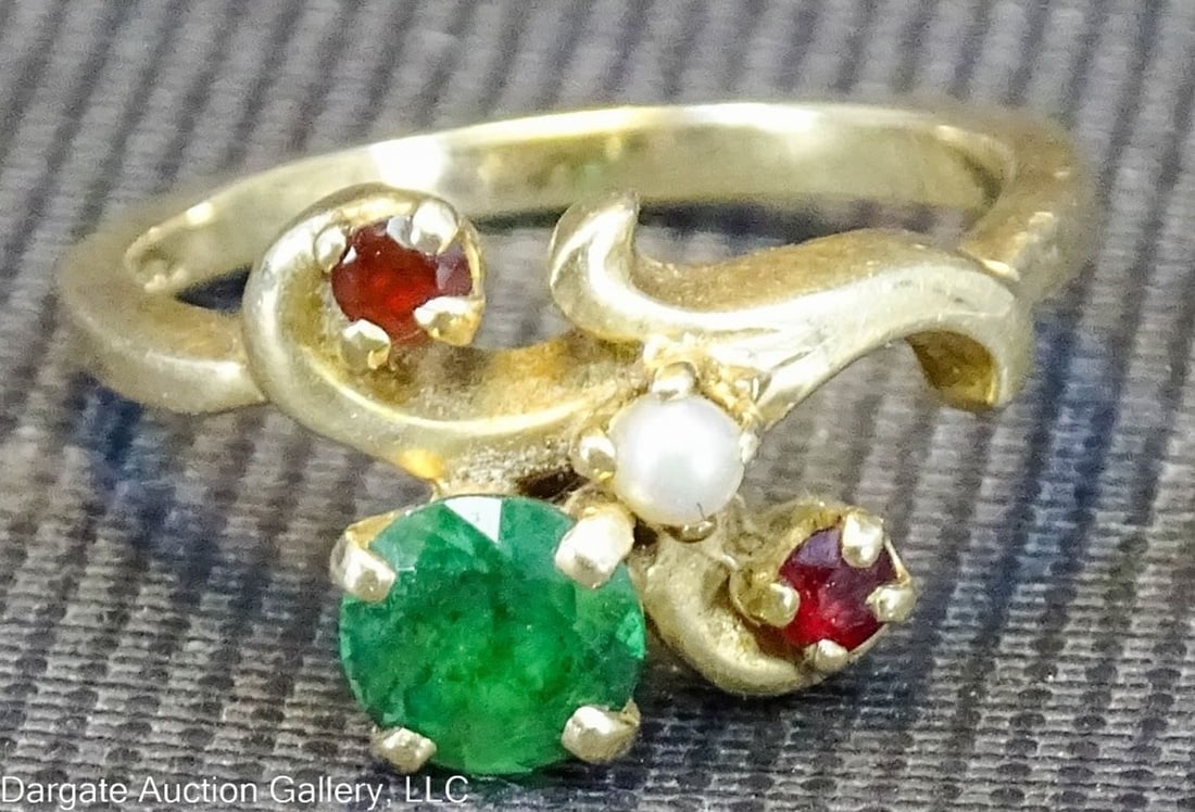 14k YELLOW GOLD GARNET EMERALD & PEARL RING SIZE 6.5 (1 of 2)