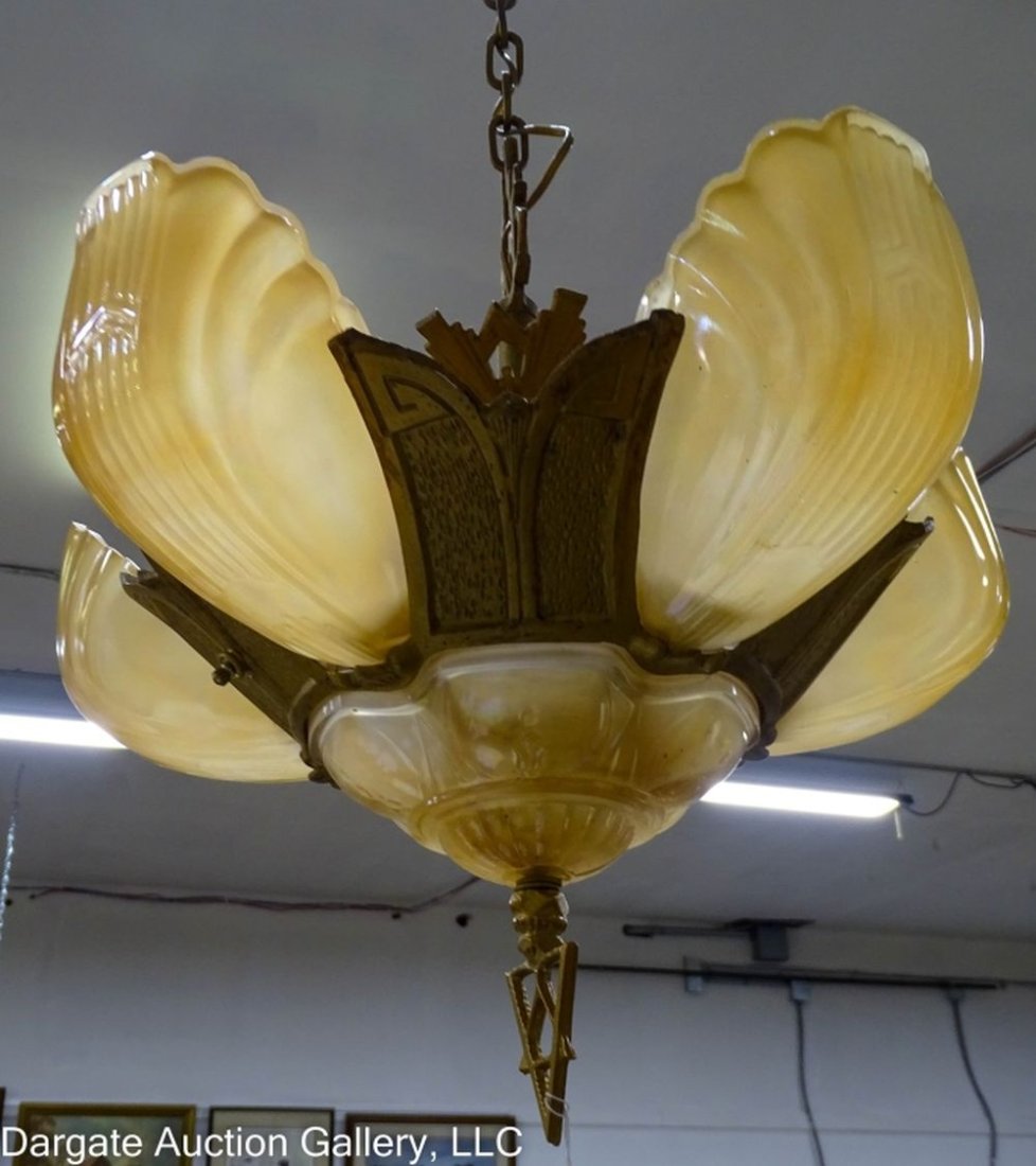 ART DECO MARKEL SLIP SHADE CHANDELIER AMBER SHADES (1 of 7)