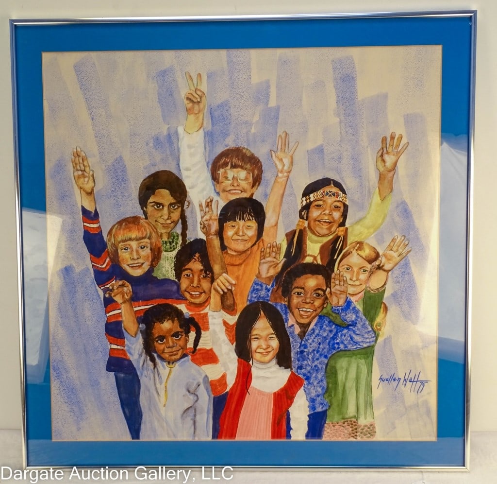 WATT CHILDREN FROM AROUND THE WORLD WATERCOLOR: Suellen Watt Monroeville PA Artist Watercolor of Children from around the world. - Watercolor painting of several different children of ethnicities together. Locatl Pittsburgh artist, signed lower rig