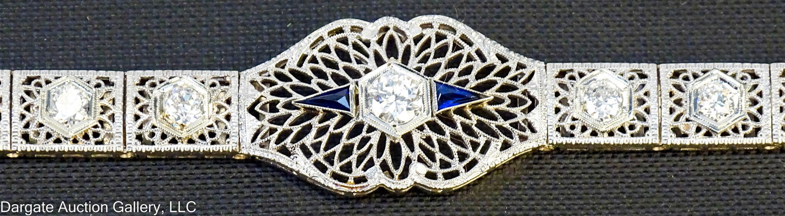 14K FILIGREE DIAMOND & SAPPHIRE ART DECO BRACELET (1 of 5)