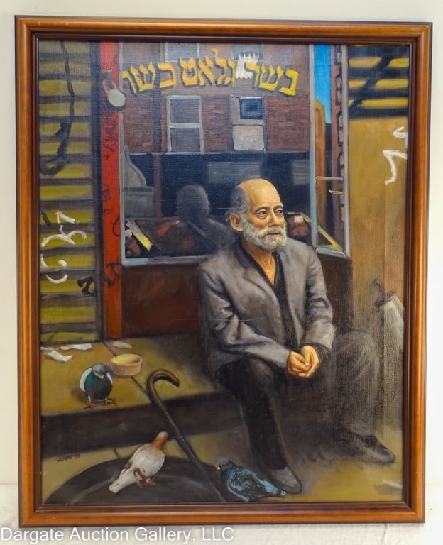 LAZARUS AT THE RICH MAN'S GATE ALLEGORICAL O/C: Jerry Dienes (American, b. 1961) Lazarus at the Rich Man's Gate Allegoriacal Oil on Canvas - Modern allegorical representation of Lazarus at the Rich Man's Gate, as an older Jewish man sitting in fron