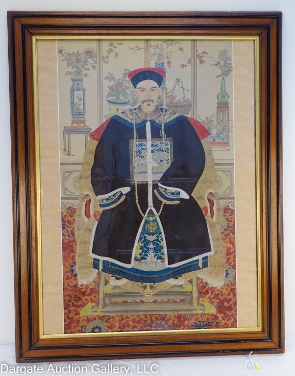 CHINESE CIVIL OFFICAL RANK 5/6 ANCESTRAL PORTRAIT: Chinese Qing Civil Official Rank 5/6 Ancestral Portrait Watercolor on Silk - Madarin square looks like a egret (rank 6) or a pheasant (Rank 5) ; signutre on back of frame; watercolor on silk; set unde