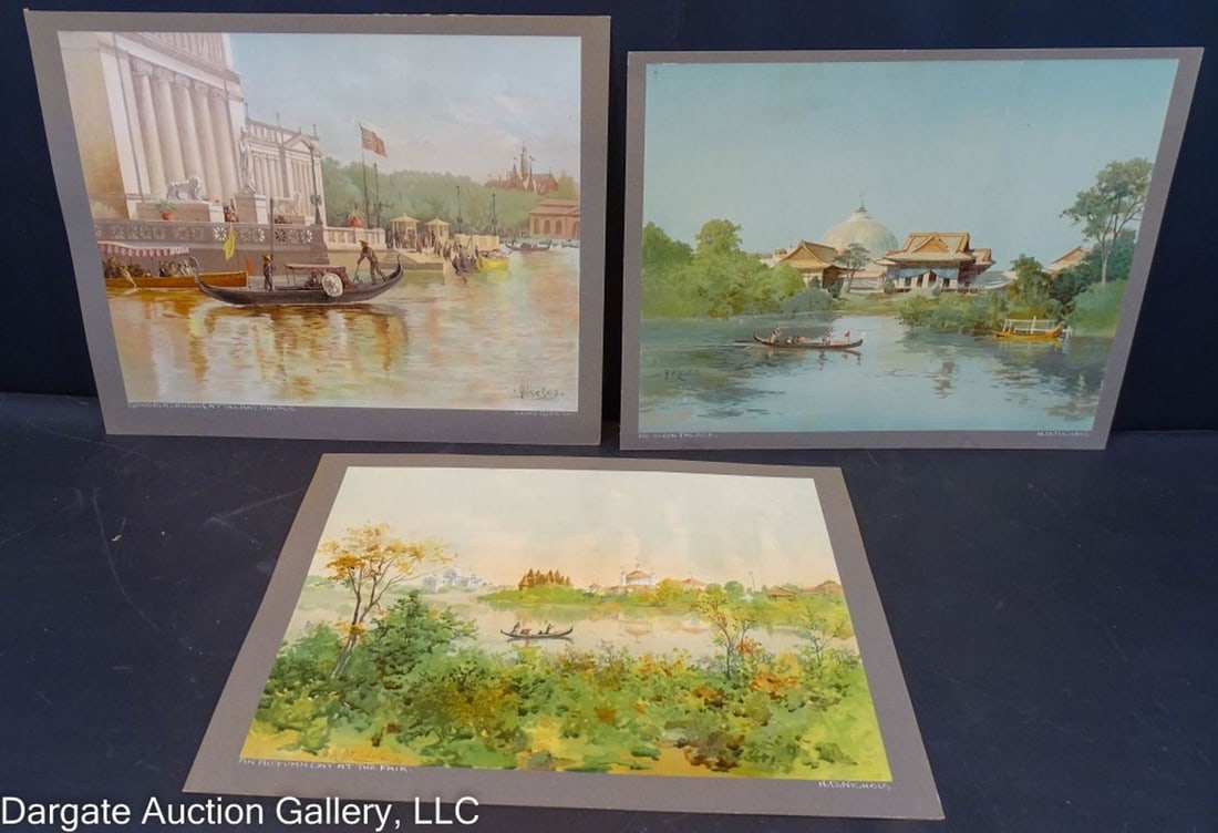 (3) CHICAGO COLUMBIAN EXPOSITION LITHOGRAPHS: (3) Chicago World's Fair Columbian Exposition Lithograpther - - Gondola Landing, Art Palace 1893 by Joseph Gleeson (Handwritten "Louis" but it's Joesph) 10.5"H x 14"W- Hooden Palace by H.D. Nichols 10