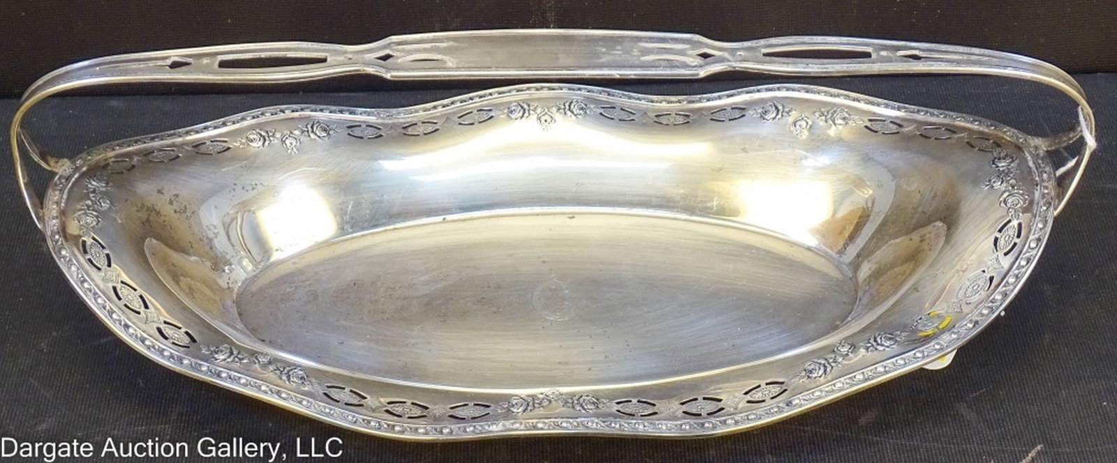 REED & BARTON FRANCIS I HANDLED BASKET #370 A: Reed & Barton Francis I Handled Basket # 370 A - Circa 1907 / Monogram / Floral and reticulated edge, open work handle / Marked Eagle R Lion - Sterling - 370A / Weight: 12.68ozt