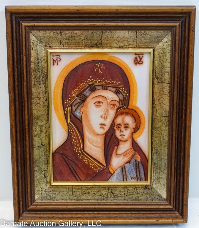 MADONNA OF HUMILITY PORCELAIN REPRO: Jacopo Franchi's Madonna of Humility reproduction on Porcelain - Abstradt adaptation of Franchi's Madonna of Humility Paiting, Depicts Mary and baby Jesus. Set in wood frame. / Visible Art Size: 7.5"H