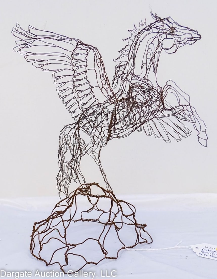 VINTAGE ELIZABETH BERRIEN PEGASUS WIRE SCULPTURE: Vintage Elizabether Berrien Pegasus Wire Sculpture - Depicts a pegasus about to take flight from a boulder. / Measures: 11"H