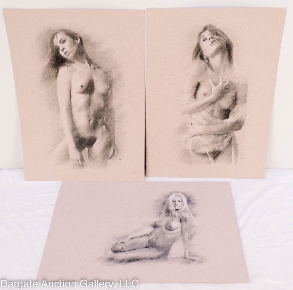 3 ARTHUR SMITH CHARCOAL & CHALK NUDE WOMEN: Arthur Smith (British, 21st Century) Charcoal and chalk on textured thick artist paper, protected with acid free and PH neutral tissue paper; not framed; signed lower right / Visible Art Size: 11.75"H