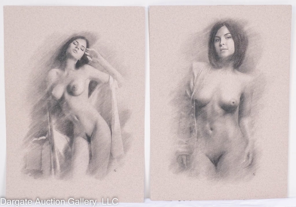 2 ARTHUR SMITH CHARCOAL & CHALK NUDE WOMEN: Arthur Smith (British, 21st Century) Charcoal and chalk on textured thick artist paper, protected with acid free and PH neutral tissue paper; not framed; signed lower right / Visible Art Size: 11.75"H