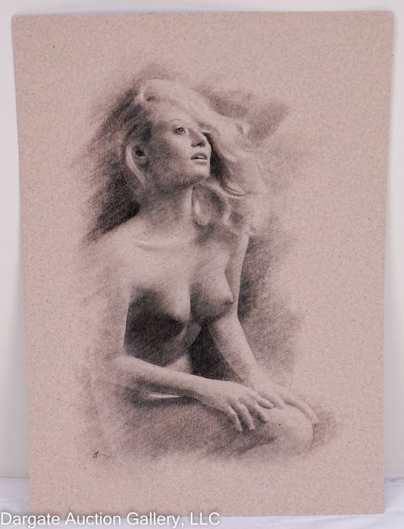 ARTHUR SMITH CHARCOAL & CHALK NUDE SEATED WOMAN: Arthur Smith (British, 21th Century) Charcoal and chalk on textured thick artist paper, protected with acid free and PH neutral tissue paper; not framed; signed lower left / Visible Art Size: 11.75"H