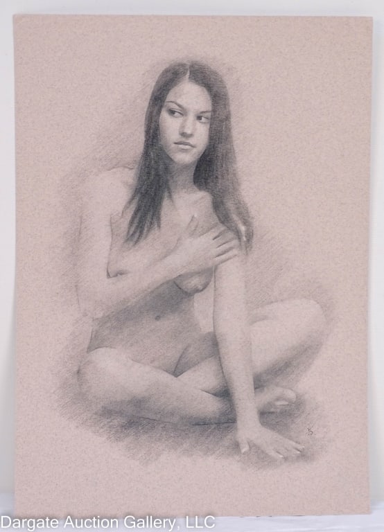 ARTHUR SMITH CHARCOAL & CHALK NUDE SEATED WOMAN: Arthur Smith (British, 21st Century) Charcoal and chalk Nude woman seated cross legged covering herself on textured thick artist paper, protected with acid free and PH neutral tissue paper; not framed