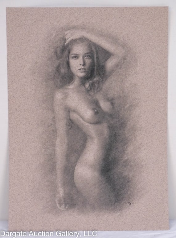 ARTHUR SMITH CHARCOAL & CHALK NUDE WOMAN STANDING: Arthur Smith (British, 21st Century) Charcoal and chalk Nude woman standing with one hand behind her head on textured thick artist paper, protected with acid free and PH neutral tissue paper; not fram