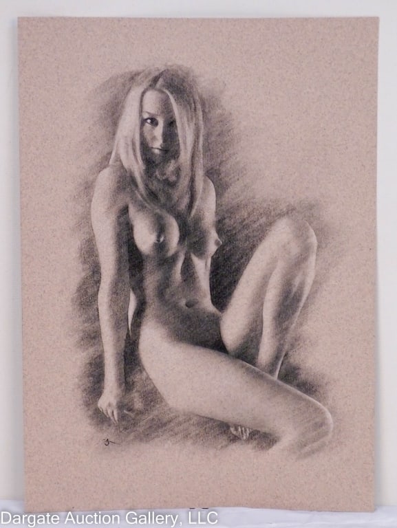 ARTHUR SMITH CHARCOAL & CHALK NUDE WOMAN SEATED: Arthur Smith (British, 21st Century) Charcoal and chalk Nude Woman seated with one leg up on textured thick artist paper, protected with acid free and PH neutral tissue paper; not framed; signed lower