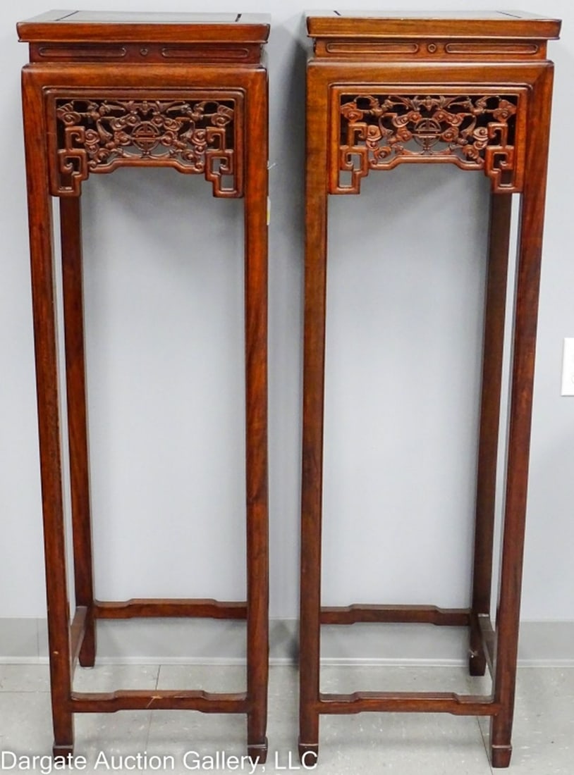 PAIR TALL CHINESE MOTIF CARVED DISPLAY STANDS (1 of 5)