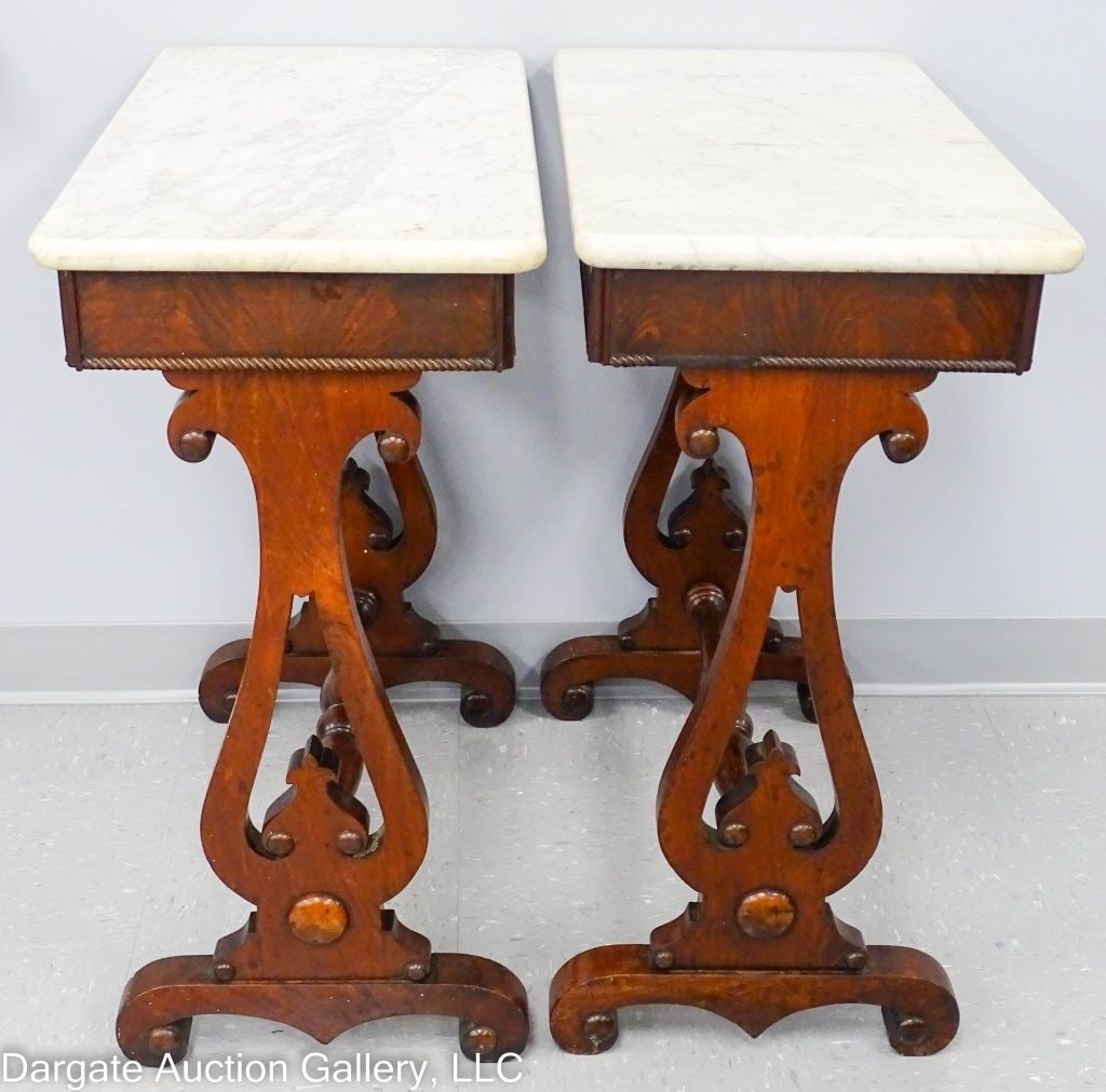 PAIR VICTORIAN WALNUT SIDE TABLES WHITE MARBLE TOP (1 of 5)