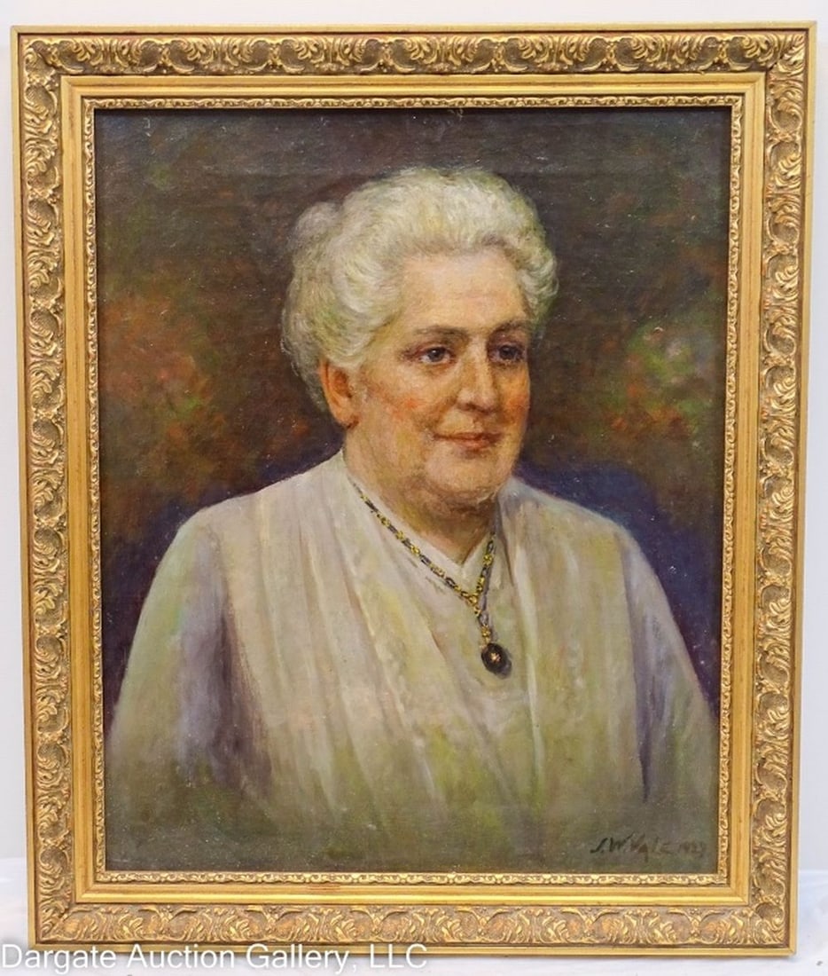 JW VALE OIL ON CANVAS PORTRAIT OF AN OLDER WOMAN: JW Vale Oil on Canvas Portrait of an Older Woman - On back reads: "This is a painting of my mother, first belonged to Anna Grace and now Katherine Whitman - Lydis" / Portrait of an older woman in whit