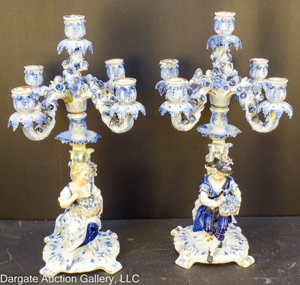 PAIR 19th C SITZENDORF PORC 5-LIGHT CANDELABRAS (1 of 12)