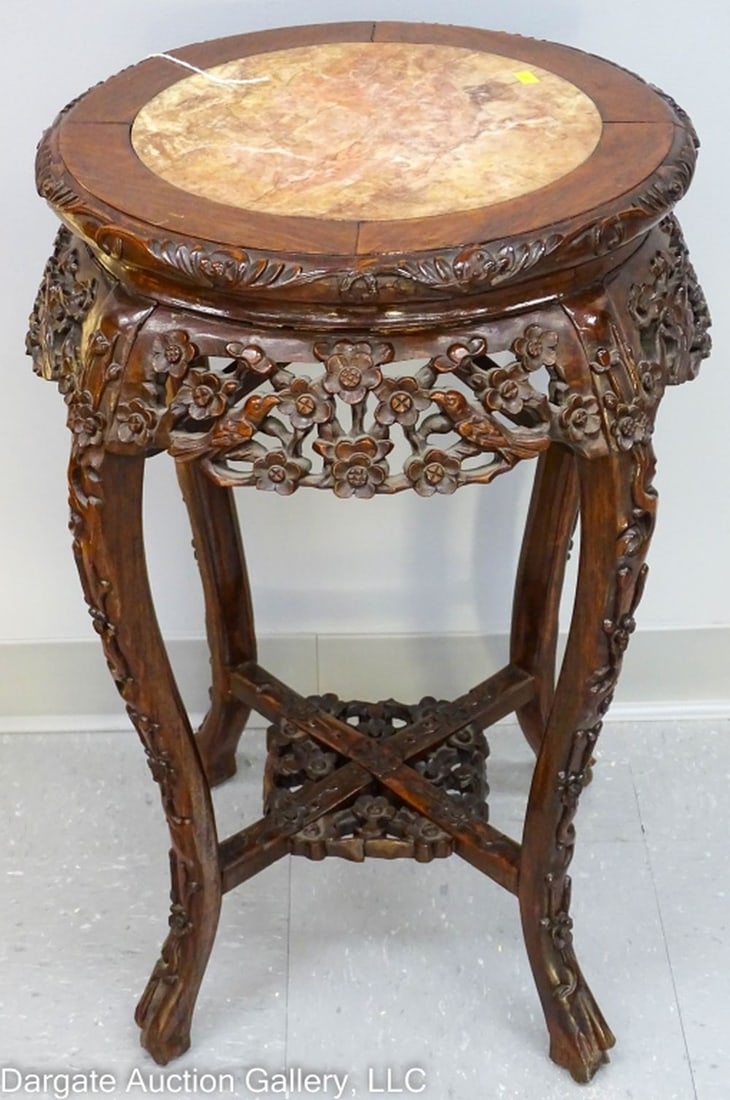 ROSEWOOD PIERCED CARVED ORIENTAL STAND MARBLE TOP (1 of 4)
