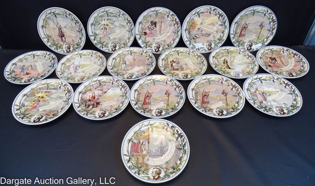 17 SARREGUEMINS GERMAN & FRENCH WAGNER PLATES: Circa late 1800's/Early 1900's; 17 Sarreguemins German & French Wagner Plates - Made from factories in Germany & France, All plates are Richard Wagner Opera PlatesGERMAN PLATES: Lohengrin I Act 2 Scen