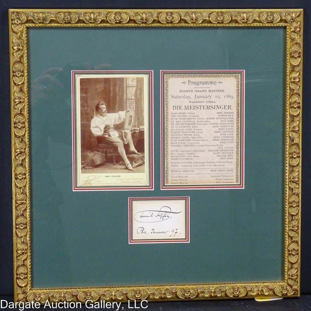 MET OPERA DRAMATIC BASS EMIL FISCHER SIGNED: Met Opera Dramatic Bass Emil Fischer Signed Collage - Cabinet card of Emil Fischer (German, 1838-1914) Operatic dramatic bass and bass baritone, with program from 1889 Wagner Opera Die Meistersinger a