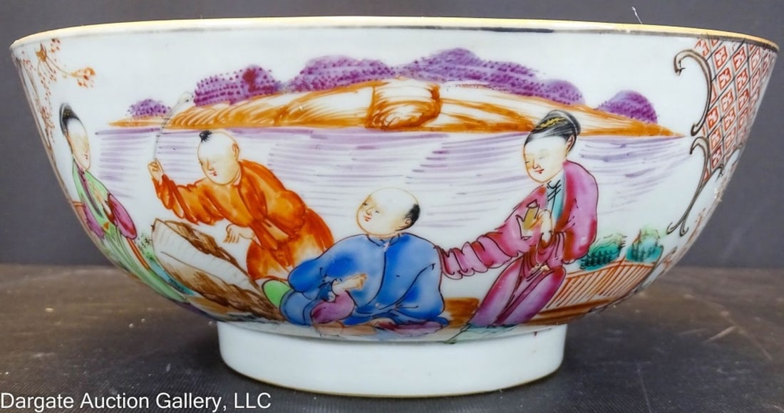 18th C CHINESE MANDARIN PORCELAIN PUNCH BOWL: Circa 1790; Chinese Mandarin Porcelain Punch Bowl - Depicts figural shore scenese, on the exterior; interior has a flower at the base of the bowl / Measures: 4"H x 9" diameter / Condition: There is a