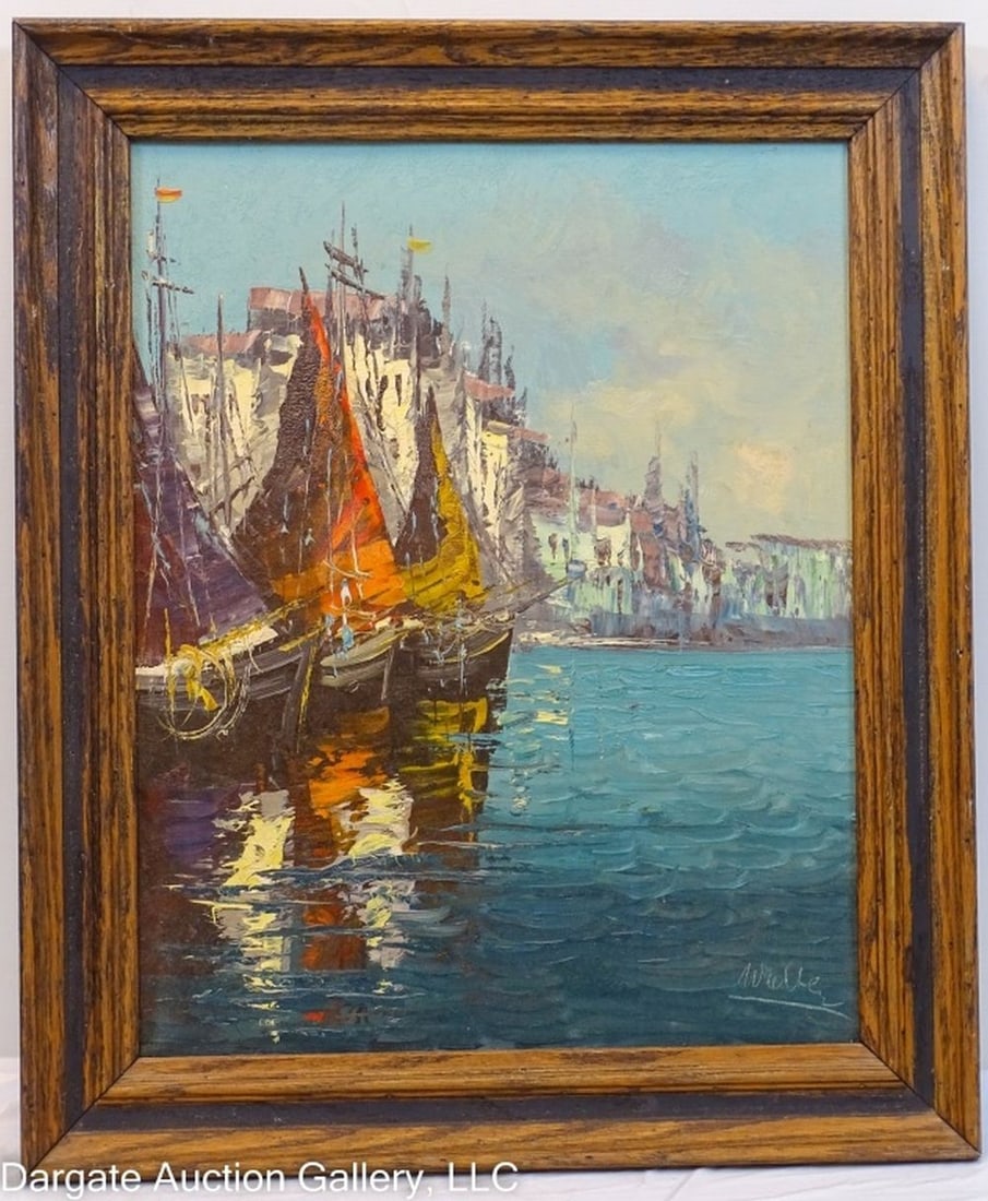 NAUTICAL PORT SCENE OIL ON CANVAS SIGNED WALTER (1 of 4)