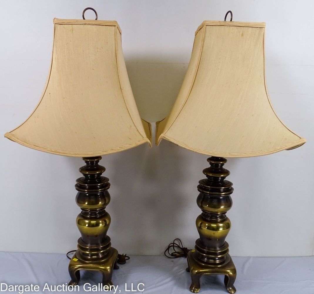 PAIR CANDLESTICK LAMPS W/ ORIENTAL PAGODA SHADES (1 of 6)