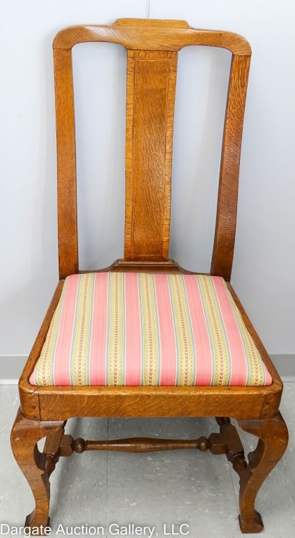 ENGLISH GEORGIAN OAK CHAIR: English English Georgian Oak Chair - Circa 1740-1760 / String inlay to back panel, turned H stretchers, french style foot / Measures: 38.5"H x 19.5"W x 16.25"D / Condition: refinished, solid overall