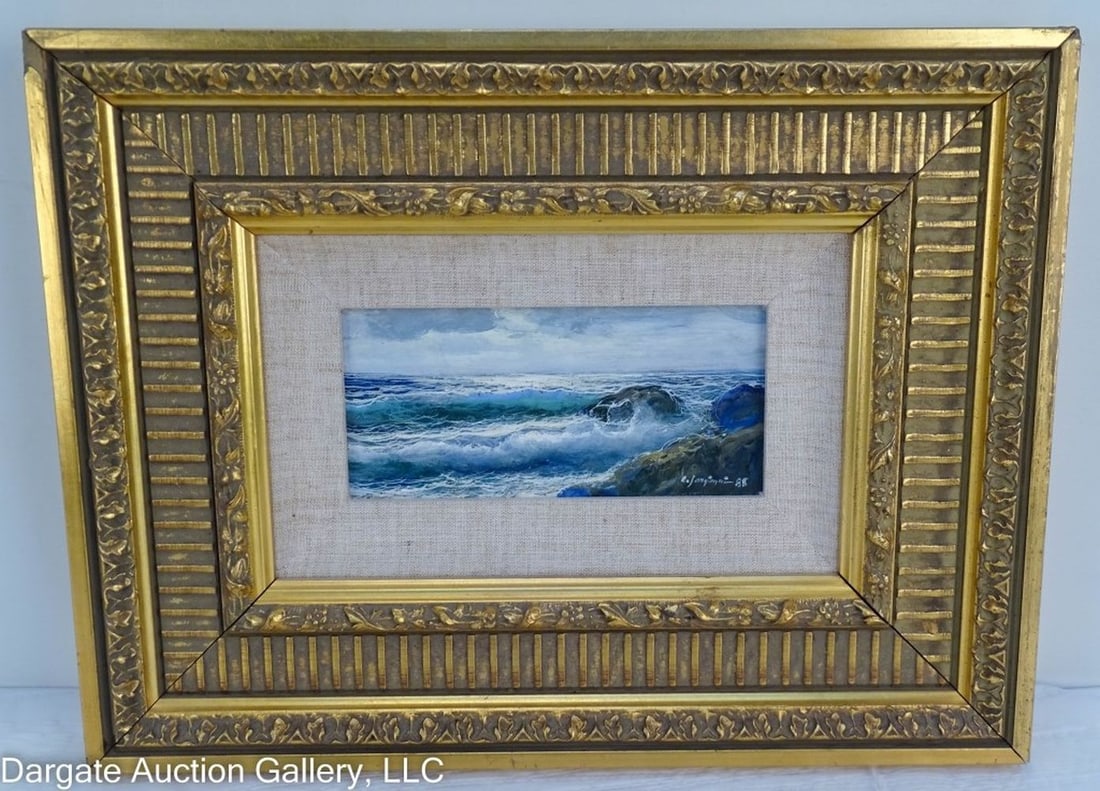 CARLO SANGIOVANNI SEACOAST OIL ON MASONITE: Carlo Sangiovanni (Italian, b. 1948) Seacoast oil on canvas laid to masonite board, signed & dated lower right (1988). Set in gilt wood frame. / Visible Art Size: 4"H x 8"W / Frame Size: 12.25"H x 16.
