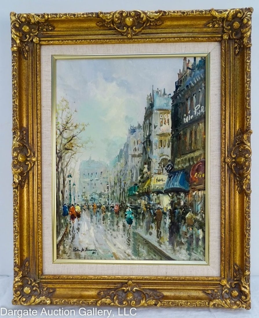 PETER DESIMONE PARIS STREET SCENE OIL ON CANVAS: Peter DeSimone (20th Century) Paris Street Scene oil on canvas, signed lower left ?Peter DeSimone 85?, set in gilt wood frame / Visible Art Size: 16"H x 12"W / Frame Size: 21.5"H x 17.5"W
