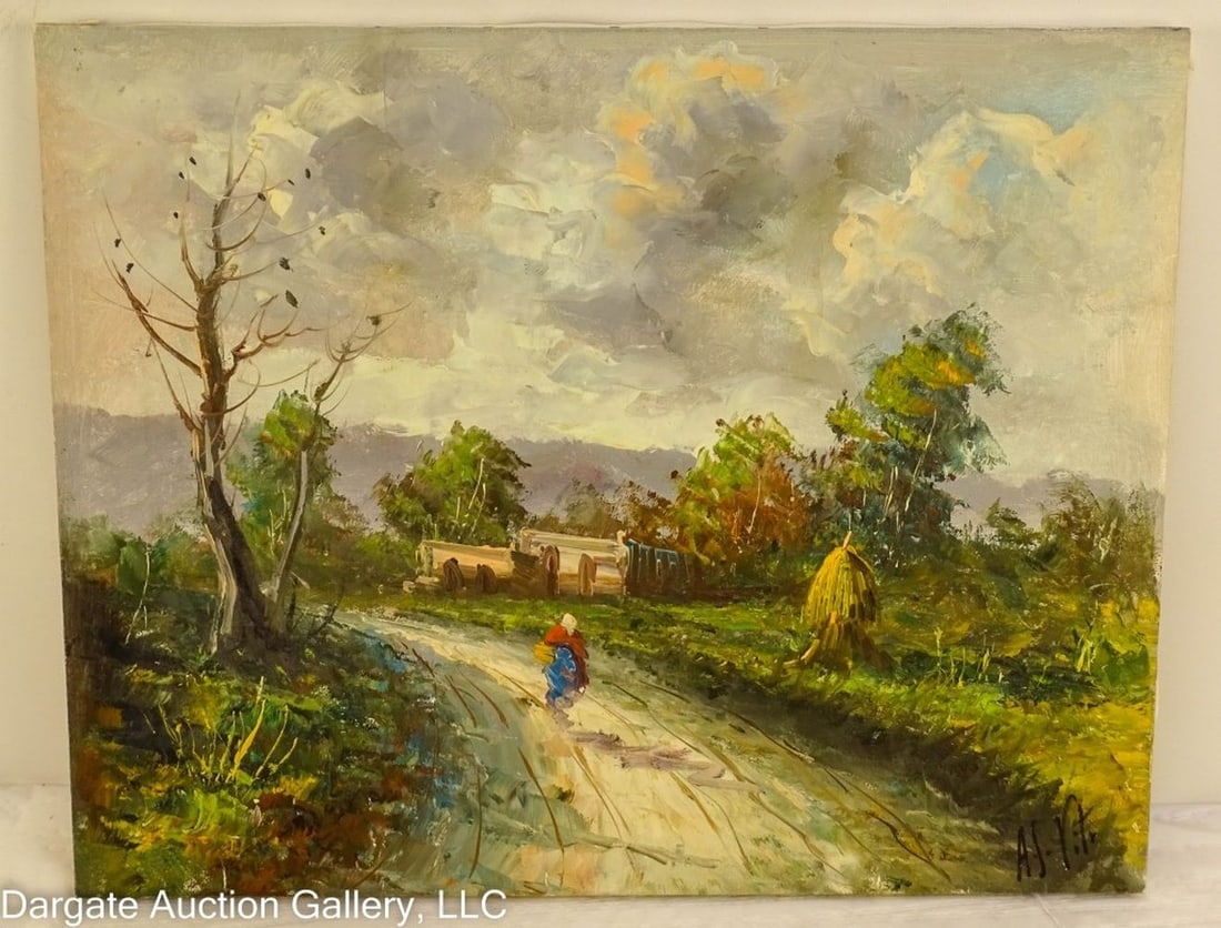 AJ VITO OIL ON CANVAS LANDSCAPE: AJ Vito (20th Century) Oil on Canvas Landscape, woman walking down a dirt road, on a stretcher with no frame, signed "AJ VITO" lower right / Visible Art Size: 15.5"H x 17.5"W / Frame Size: unframed / 