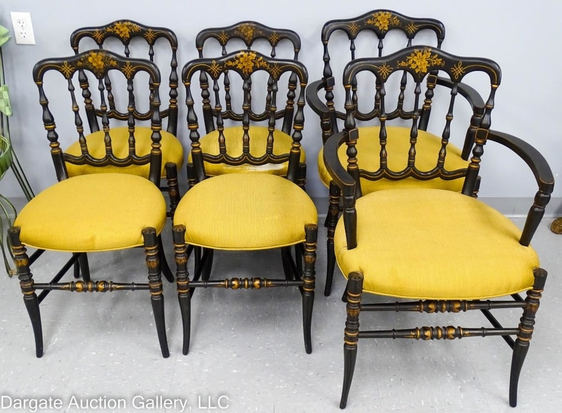 6 CHINOISERIE STYLE DECORATED SHERATON CHAIRS: 6 Chinoiserie Style Decorated Sheraton Influenced Chairs - Early 20th Century / 2 armchairs & 4 side chairs / Side Chairs: 33"H x 16.5"W x 16"D , Arm Chairs: 34.5"H x 21.5"W x 20.5"D / Condition: Nice