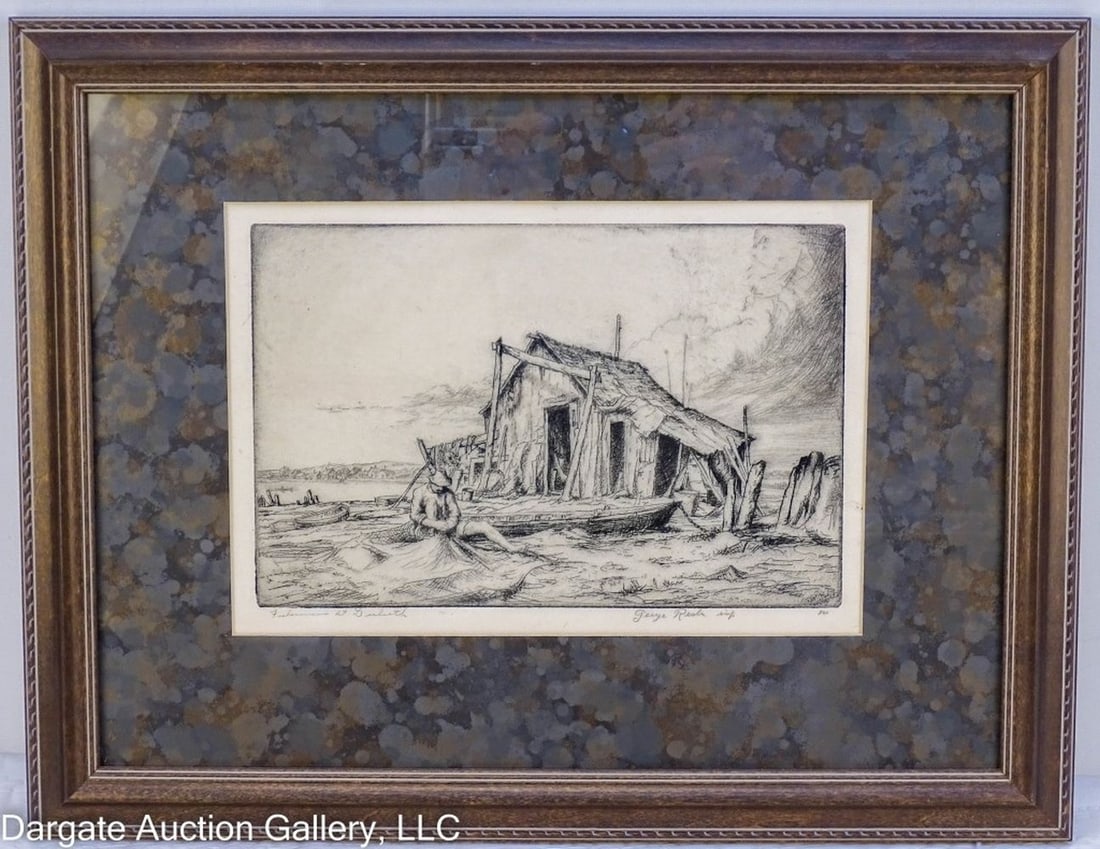 GEORGE EARL RESLER - FISHERMAN AT DULUTH ETCHING: George Earl Resler (American/MN, 1882-1954) Fisherman at Duluth Etching - Pencil signed lower right, titled lower left; set under glass in wood frame. / Visible Art Size: 7.25"H x 11"W / Frame Size: 1