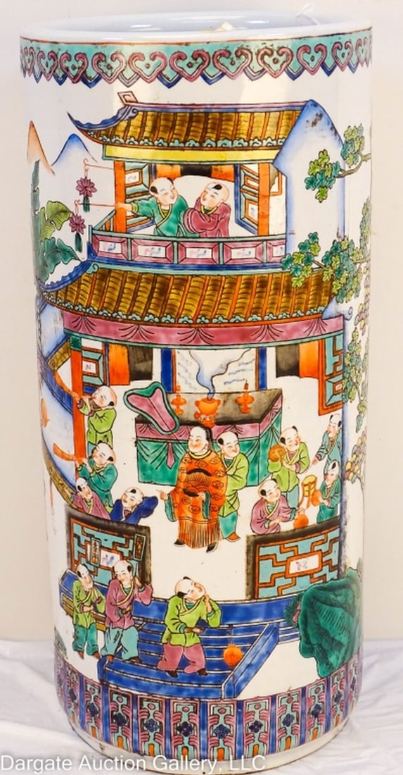 CHINESE PORCELAIN UMBRELLA STAND: Chinese Porcelain Umbrella Stand - Festival scene with several figures doing the dragon dance, culminating at a food pavillion / Measures: 19"H x 8" diameter