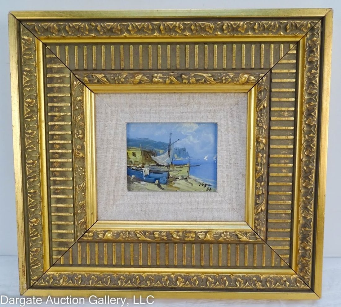 TEGAS OIL ON BOARD NAUTICAL SCENE: Tegas Oil on canvas board Nautical Scene - Beach scene with a moored boat, signed lower right "Tegas"; set in gilt wood frame / Visible Art Size: 3.5"H x 4.75"W / Frame Size: 12"H x 13"W