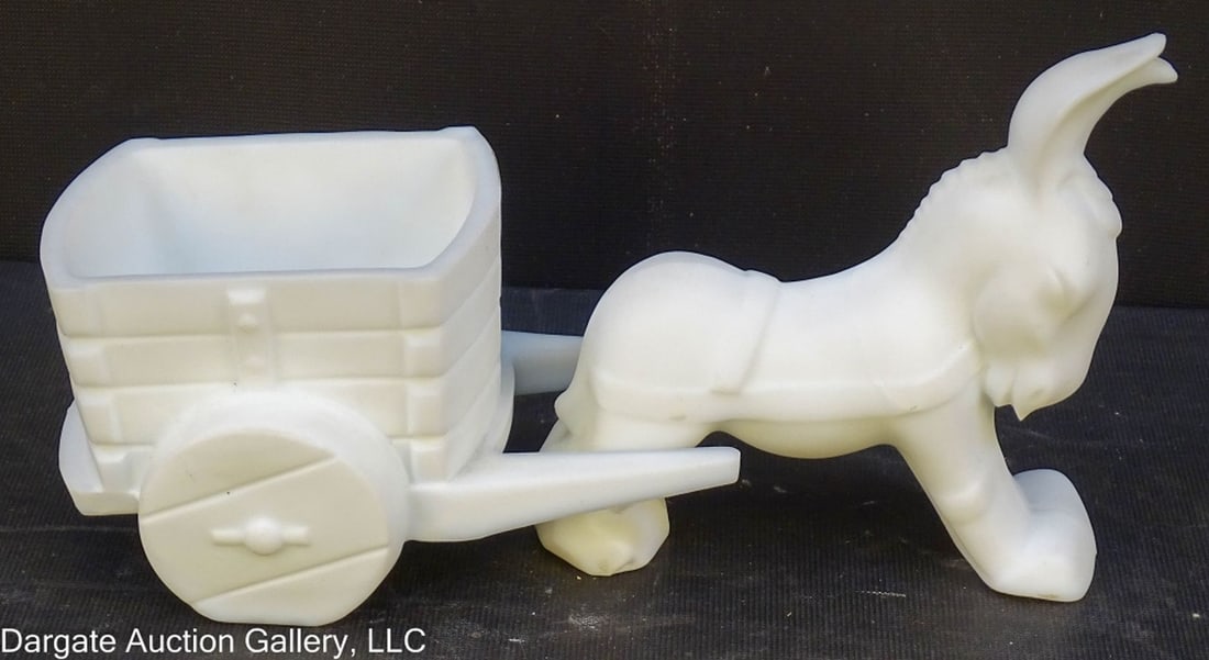 FENTON SATIN MILK GLASS DONKEY & CART: Fenton Satin Milk Glass Donkey & Cart - Donkay: 5"H x 4.25"L / Cart: 3"H x 5.5"L x 3.5"W