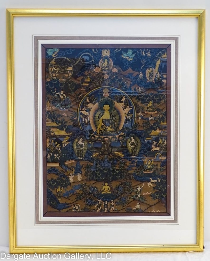 HANDPAINTED TIBETAN/NEPALESE THANGKA PAINTING: Handpainted Tibetan/Napalese Thangka Painting - Depicts a Buddhist diety in many different scenes. Edges of art are hidden beneath mat, under glass in gilt frame. / Visible Art Size: 17.5"H x 13"W / F