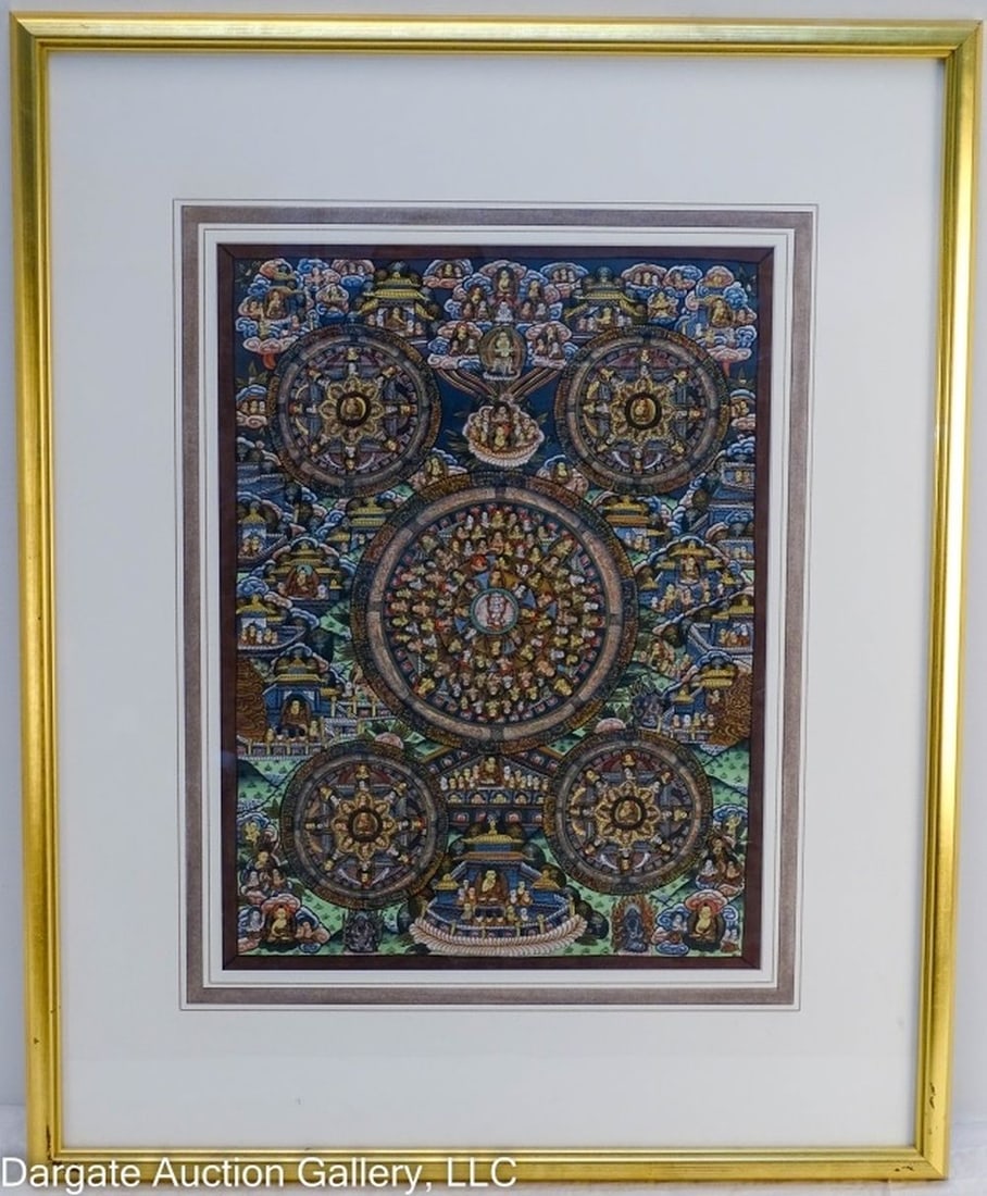 HANDPAINTED TIBETAN/NEPALESE THANGKA MANDALA: Handpainted Tibetan/Napalese Thangka Mandala Painting - Depicts a Buddhist diety repeated in a mandala pattern. Edges of art are hidden beneath mat, under glass in gilt frame. / Visible Art Size: 17.5