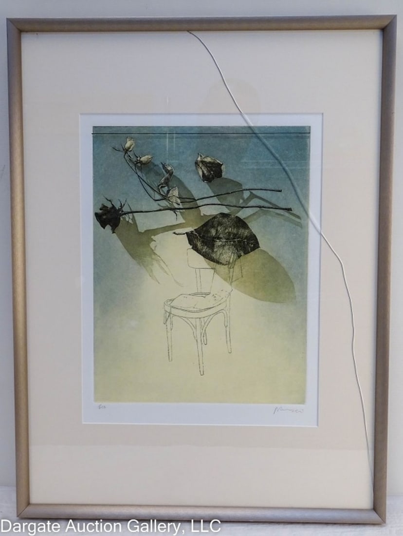 MICHAEL MAZOR ROSE AND CHAIR SKETCH LITHOGRAPH: Michael Mazur (American, 1935-2009) Rose and Chair Sketch LIthograph - Sketch of a chair, with a dried rose overlaying it. Pencil signed lower right, numbered lower left "P of A". Set under glass in s