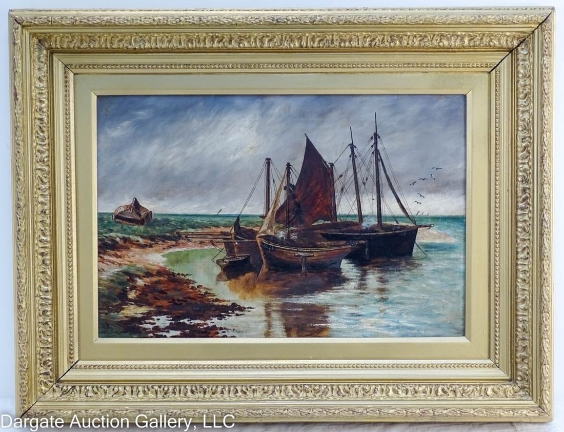 WW SMITH 1880 NORMANDY BEACH OIL ON CANVAS: WW Smith Oil on Canvas from 1880 of Normandy Beach. - Shore scene of Normandy, with ships anchored close to shore. Singed lower left, set in gilt wood frame. / Visible Art Size: 12"H x 18"W / Frame Si