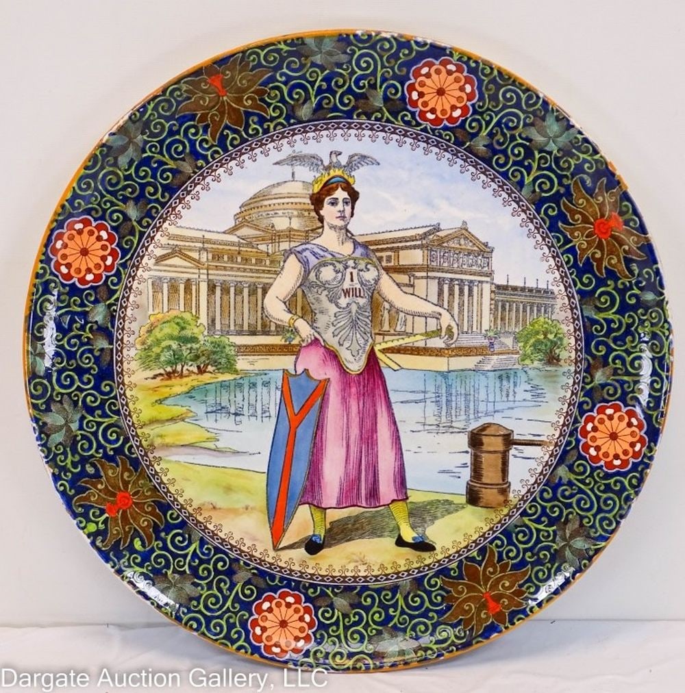 COPELAND SPODE MISS CHICAGO COLUMBIAN EXPO PLATE: Copeland Spode Miss Chicago Columbian Exposition Plate / Charger - "Chicago Personified" or "Miss Chicago" was created by Thomas Nast during the Chicago World's Fair Columbian Exposition for promotion