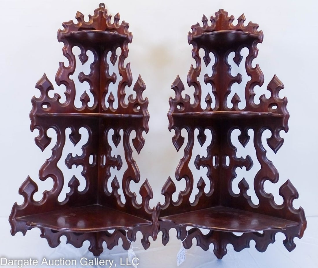 PAIR VICTORIAN WALNUT STYLE CORNER SHELVES (1 of 7)