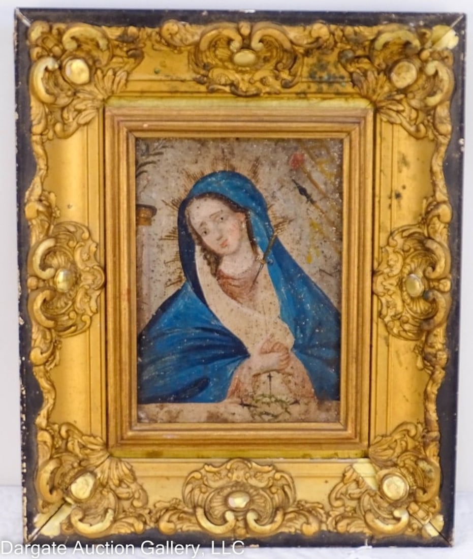 OIL ON TIN RETABLO OUR LADY OF SORROWS: Circa 17th-18th Century; Oil on Tin Retablo "Our Lady of Sorrows" - Nuestra enora de los Dolores depicting the Virgin Mary with a dagger piercing her heart; set in a gilt gesso frame, signed en verso
