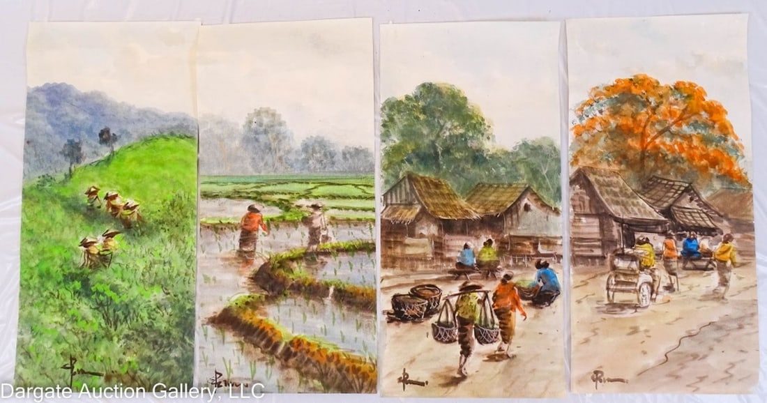 4 ROSMANA BOGAR JAKARTA TEA PLANATION WATERCOLORS: 4 Rosmana Bogar (Indonesian, 20th Century) Jakarta Tea Plantation Water Colors - All 4 are signed by E. Rosmana, depict different scenes from a tea planation on Bogar in Indonesia. They are purchased 