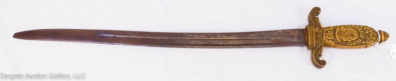 RICE'S SURPRISE PARTY 1492 SHORT SWORD (BAYONETTE): 1892 Rice's Surprise Party 1492 Short Sword National Theatrical Production patterned after US Cadet Cast Bronze, hilt has a portrait of Columbus - fashioned from a French Bayonette Blade (Ettienne) / 