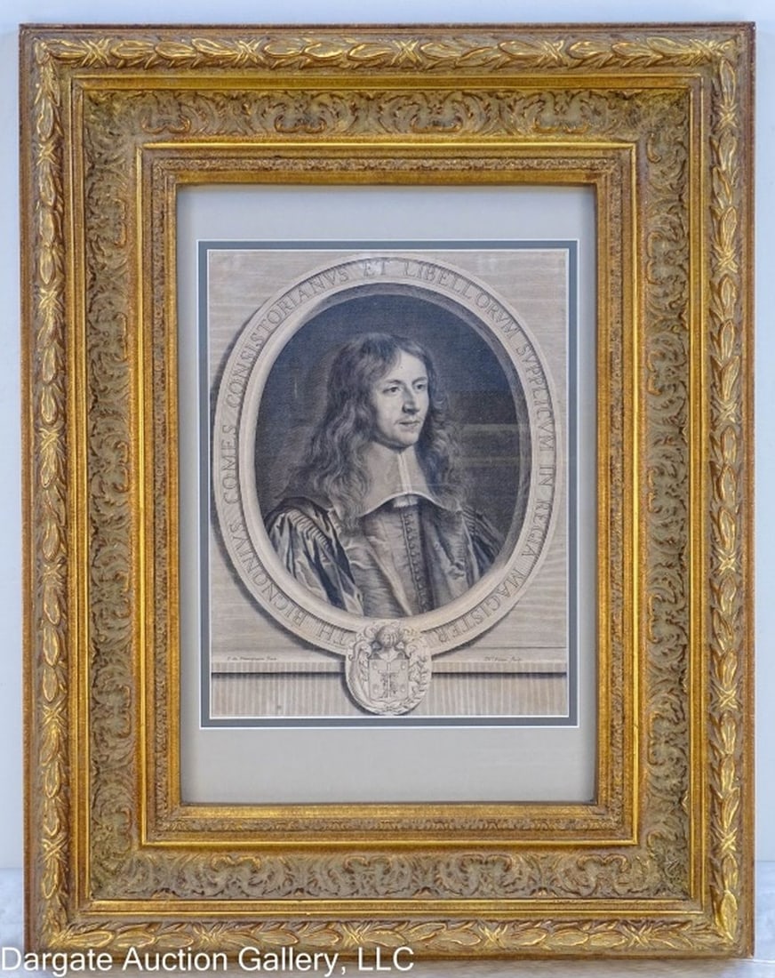 1669 PORTRAIT ENGRAVING AFTER CHAMPAGNE BY PITAU: 1669 Theodore Dignonius Portrait After Champagne & by Pitau Engraving - Painted by Champagne and engraved by Pitau, dated 1669; set under glass in gilt gesso frame. / Visible Art Size: 12"H x 9"W / Fr
