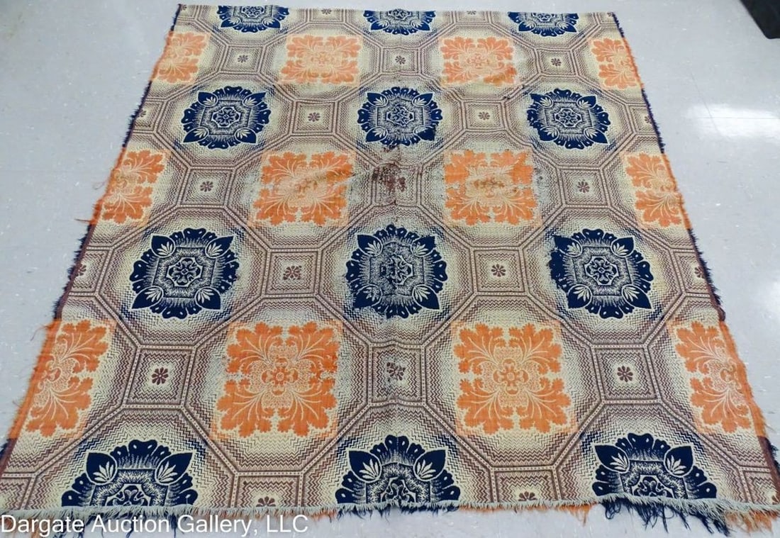 ANTIQUE BLUE WHITE & RED COVERLET 78" x 71": Antique blue, white and red coverlet in 2 part construction, floral design / Measures: 78" x 71" / Condition: Overall wear