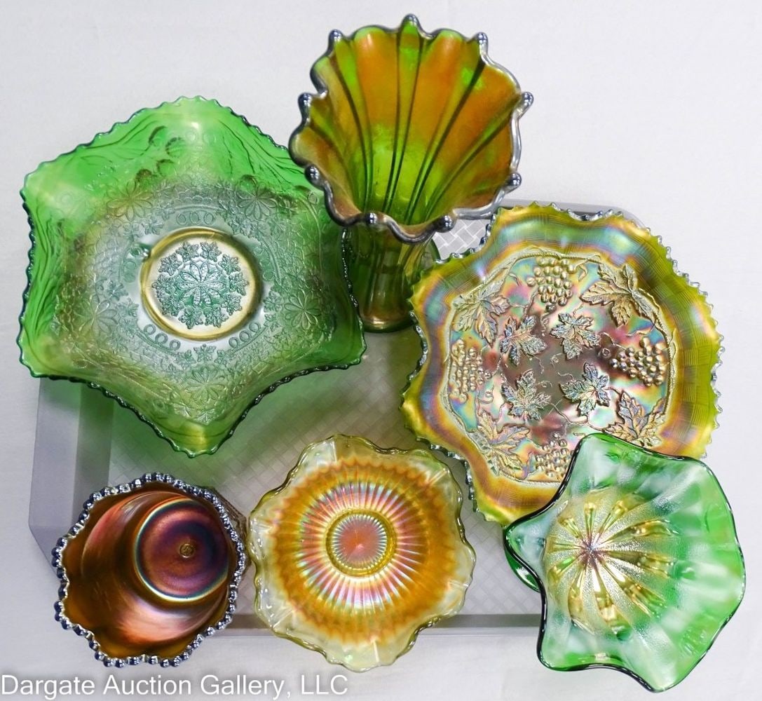 6pcs ASST GREEN CARNIVAL GLASS INCL NORTHWOOD (1 of 2)