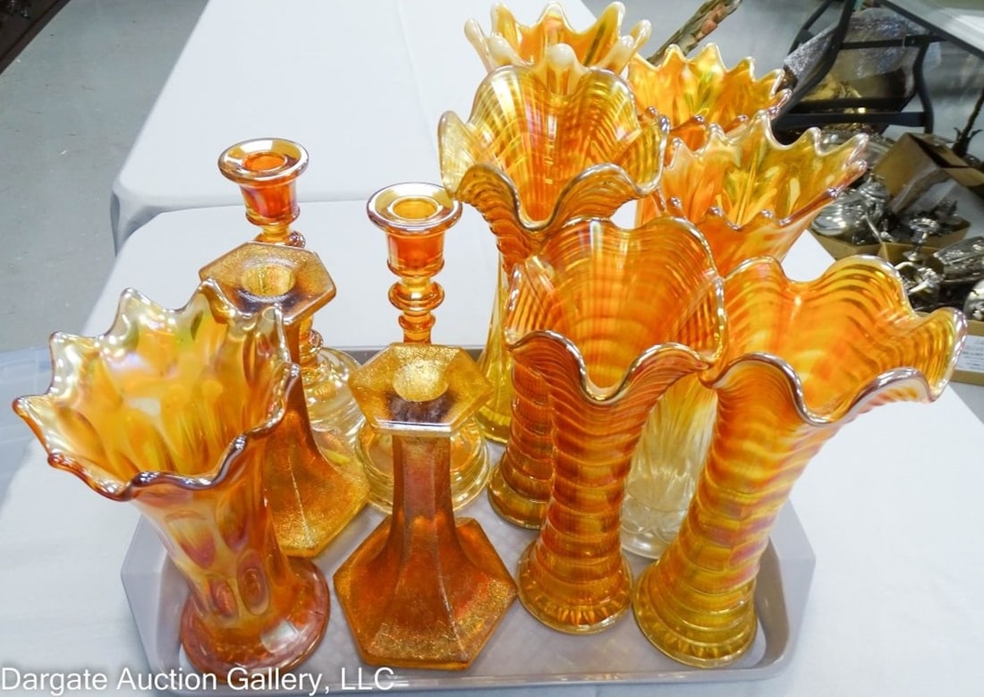 11pcs MARIGOLD CARNIVAL GLASS VASES & CANDLESTICKS (1 of 2)